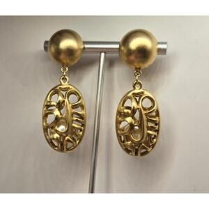 Vintage Matte Gold Dangle Drop Oval Cutout Design Caged Bead 2" Earrings